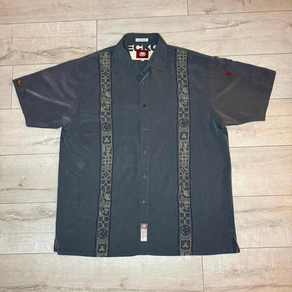 Vintage Y2K Ecko Unltd Short Sleeve Button Up Shirt XXL Charcoal Graphic Panel